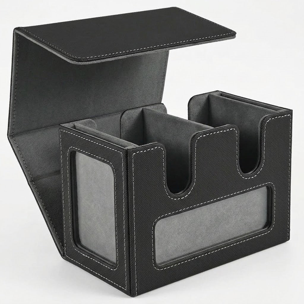 An open black-and-gray deck box shows two compartments, display windows, and contrasting stitching against a white background.