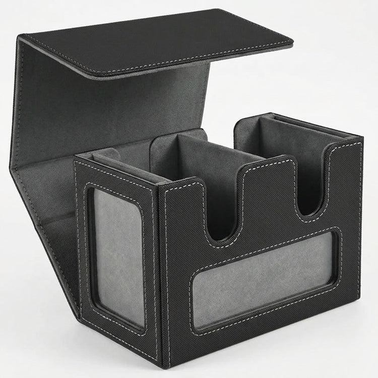 An open black-and-gray deck box shows two compartments, display windows, and contrasting stitching against a white background.