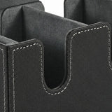 A close-up of the black deck box shows its textured exterior, white stitching, gray lining, and curved compartment opening.