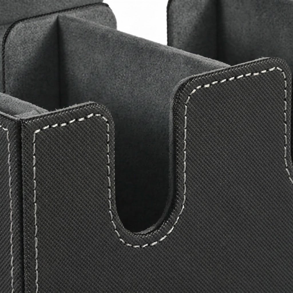 A close-up of the black deck box shows its textured exterior, white stitching, gray lining, and curved compartment opening.