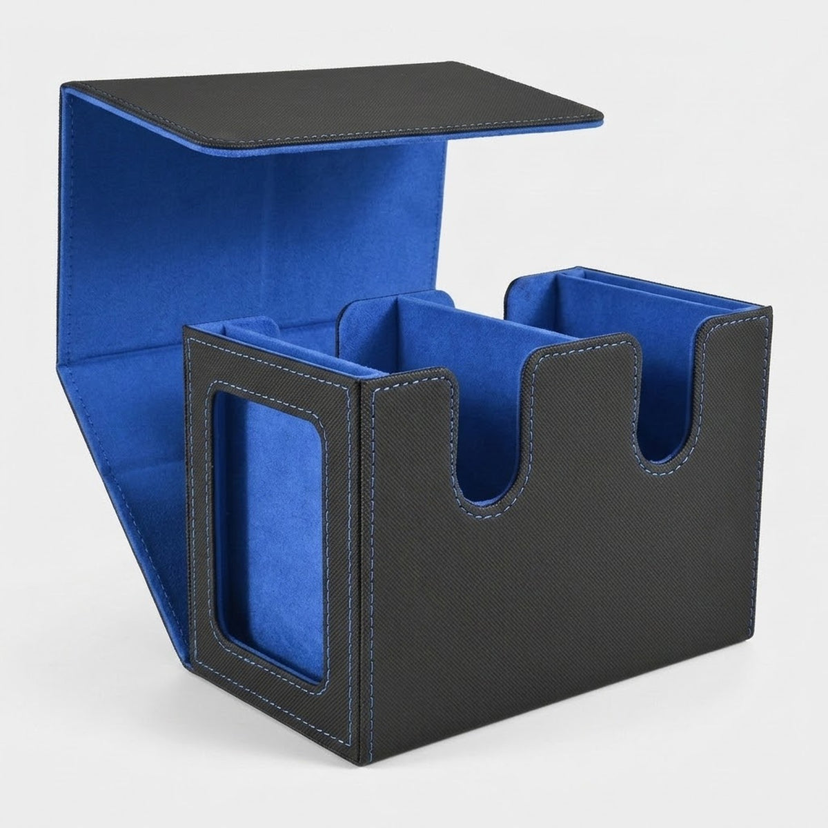 Black textured deck box with blue lining stands open on a white background, showing two compartments and a side display window.