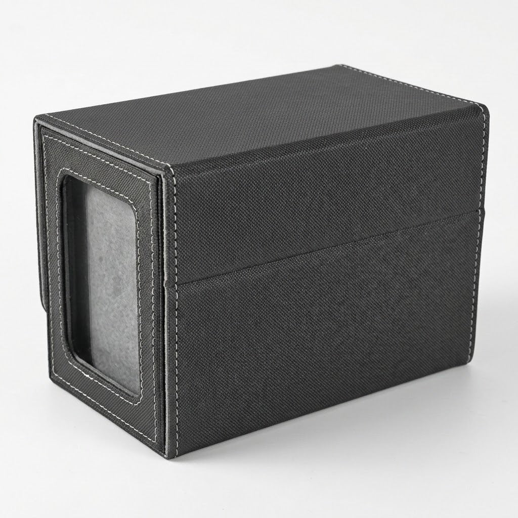 A closed black deck box shows its wraparound cover, white stitching, and gray-backed side display window against a light background.