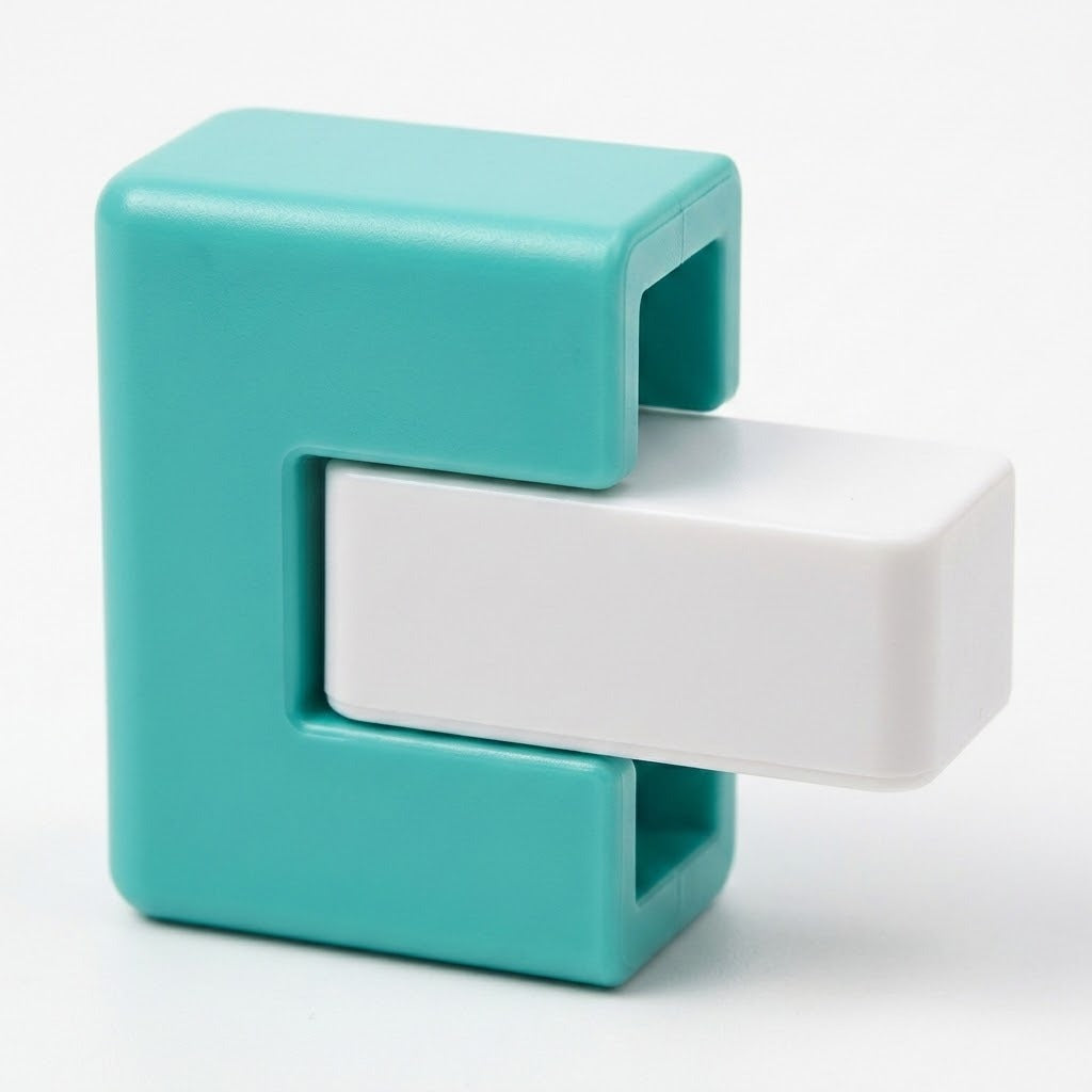A close-up of the balance game shows a white plastic block fitted into a turquoise frame against a white background.