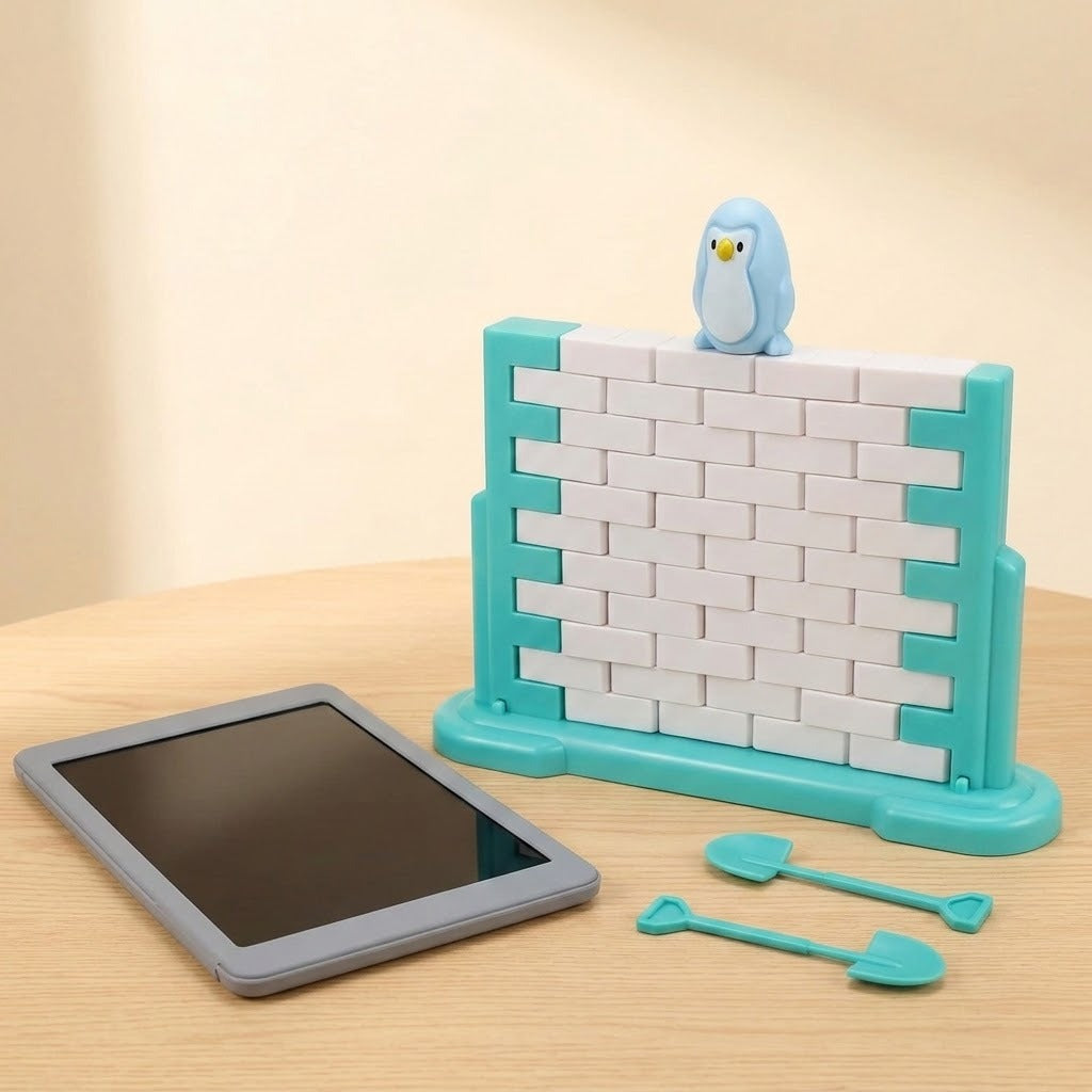 Penguin balance game built as a white block wall with turquoise frame beside a tablet on a light wood table.