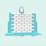 Set-of-3 penguin balance game with a blue penguin figure on a tall white block wall, turquoise base, and pale mint background.
