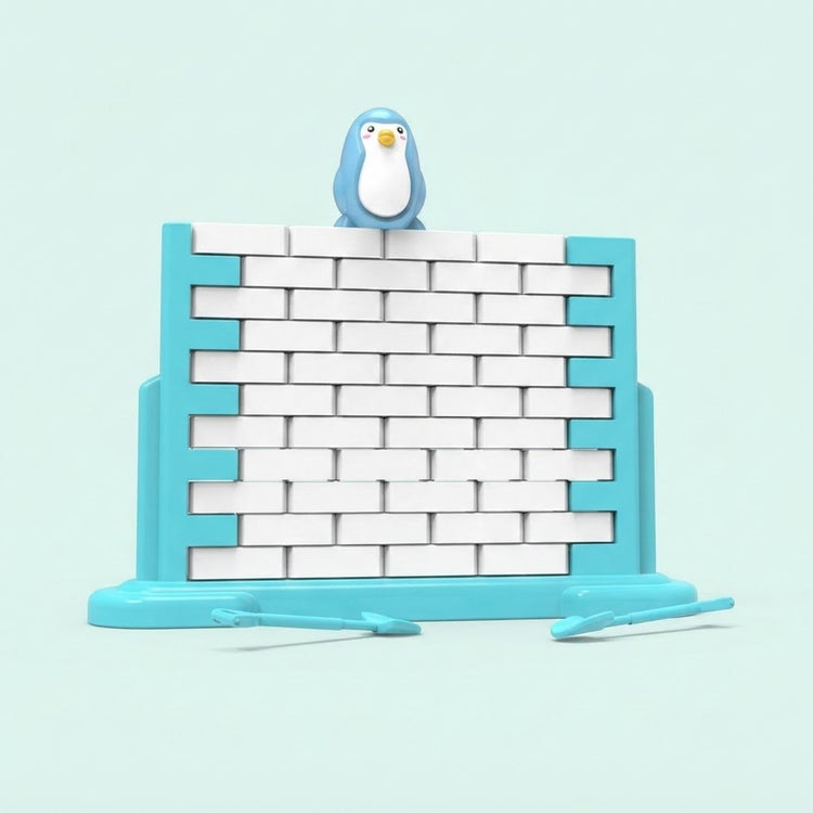 Set-of-3 penguin balance game with a blue penguin figure on a tall white block wall, turquoise base, and pale mint background.