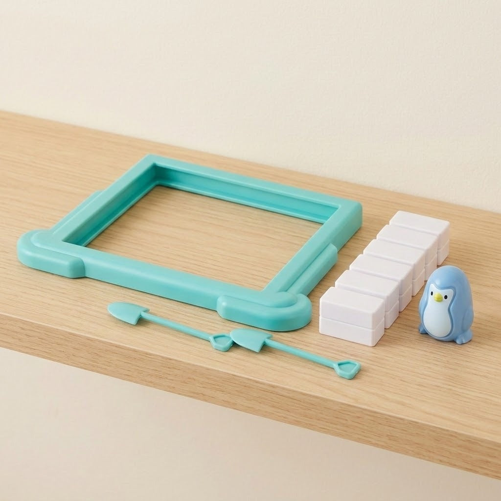 Penguin balance game pieces on a wooden shelf: turquoise plastic frame, white blocks, blue penguin figure, and two small shovel tools.