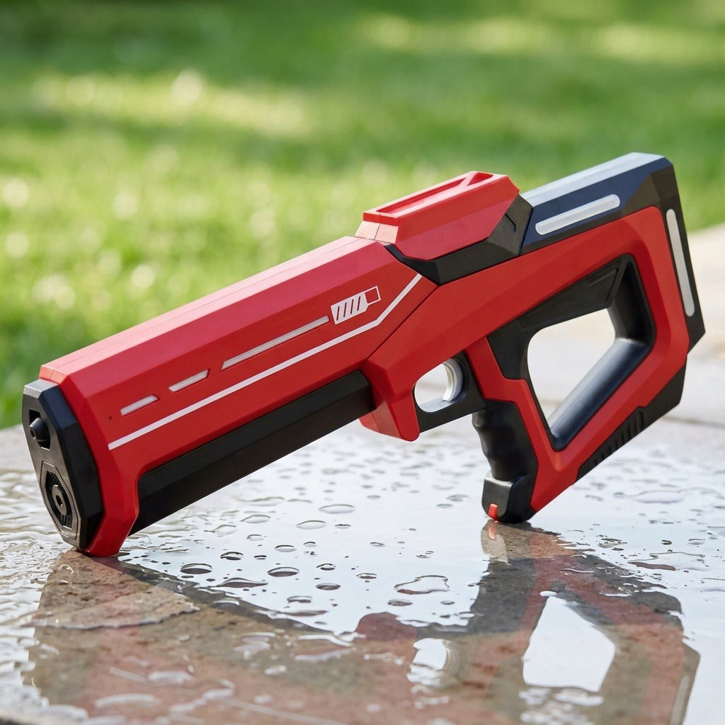 Red and black water gun with white accent lines rests on a wet reflective surface outdoors against blurred greenery.