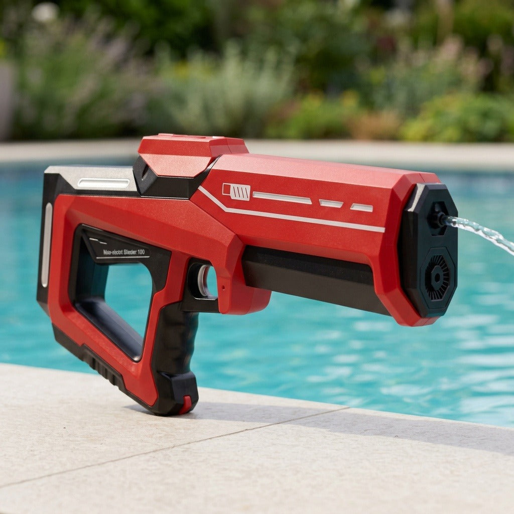 A red and black handheld water gun with a hose connected, resting on the edge of a swimming pool with a blurred outdoor background.
