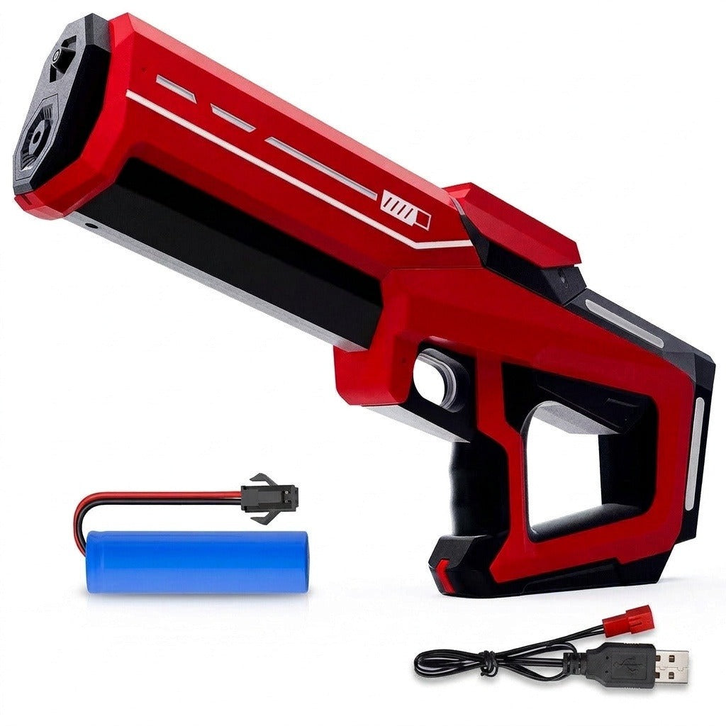 Red and black water gun with white accents is displayed with a blue battery and USB charging cable on a white background.