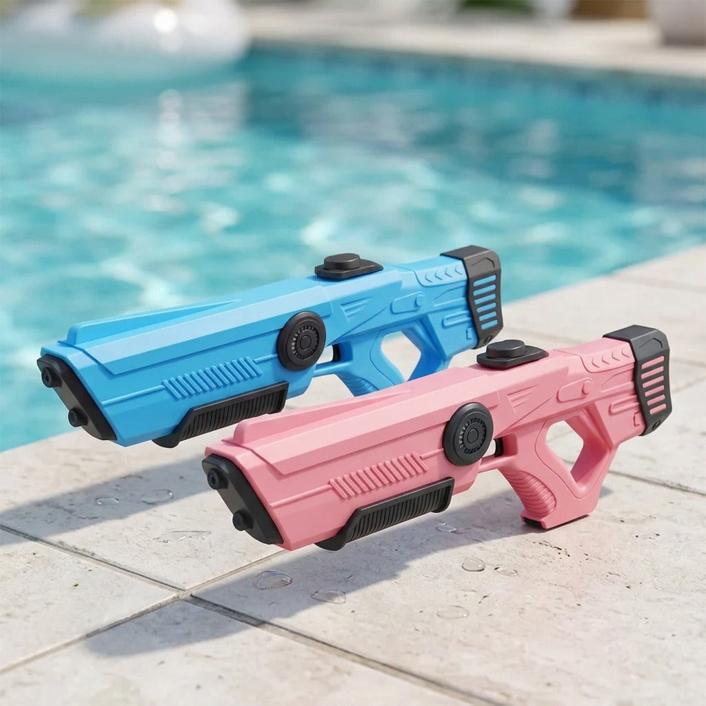 Two toy water guns, one in light blue and one in pink, with black accents, resting on a tiled pool deck with a swimming pool in the background.