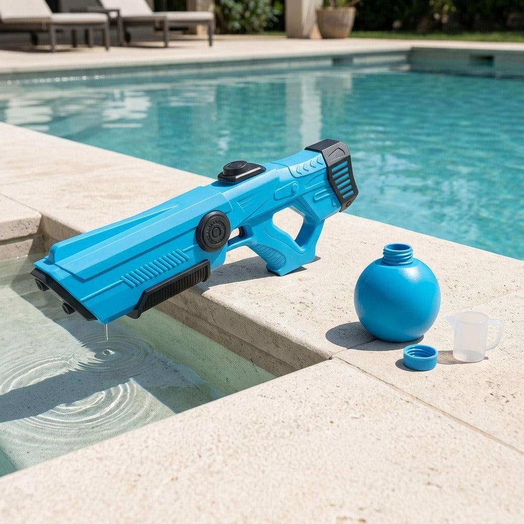A bright blue pool toy water gun with black accents lies on the edge of a swimming pool, next to a matching blue bottle, a small clear measuring cup, and visible water dripping from the toy.