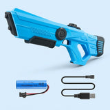 Blue water gun with ribbed detailing and black accents on a pale blue background, beside a blue battery and USB charging cable.