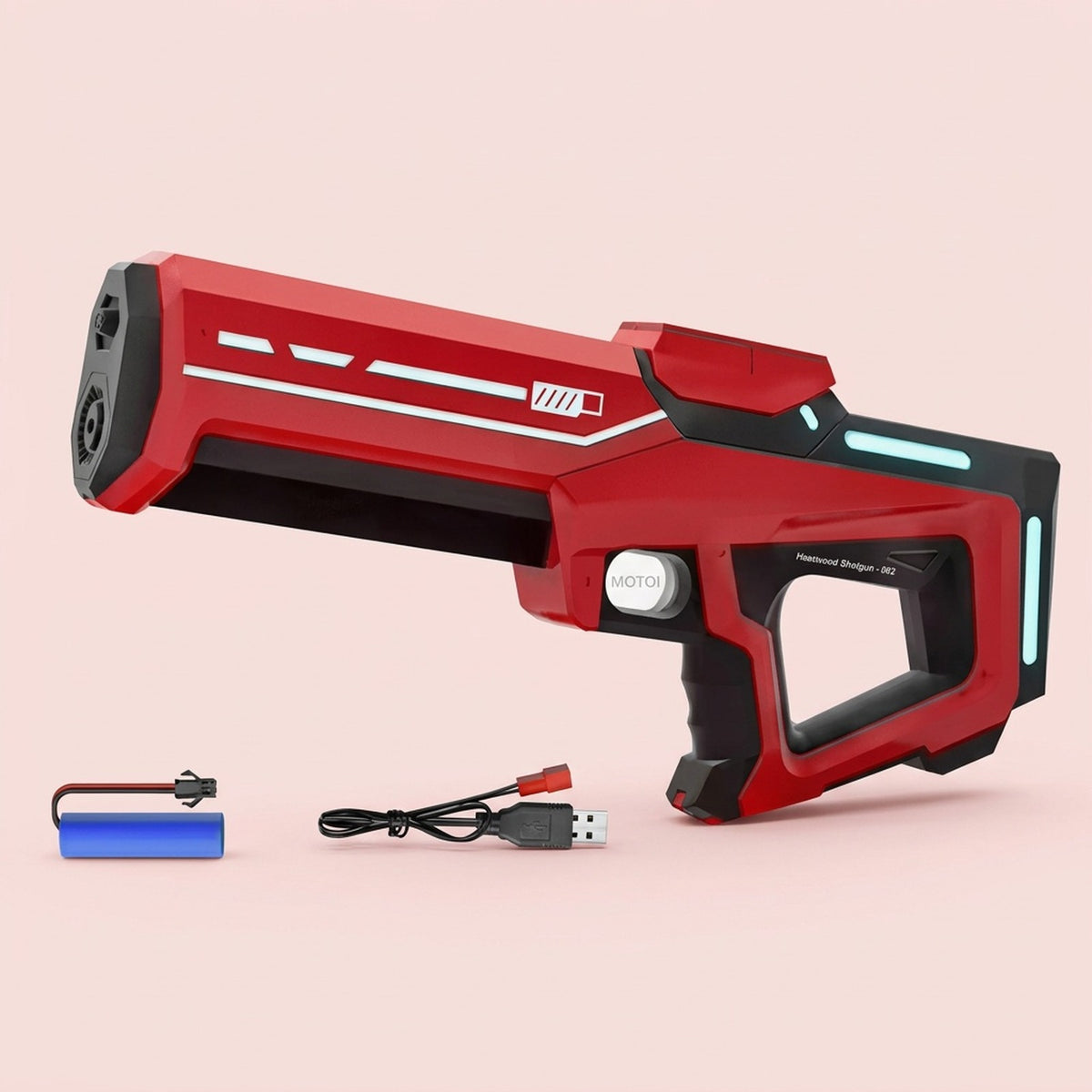 Red and black water gun with pale turquoise accents stands beside a blue battery and USB charging cable against a pale pink background.