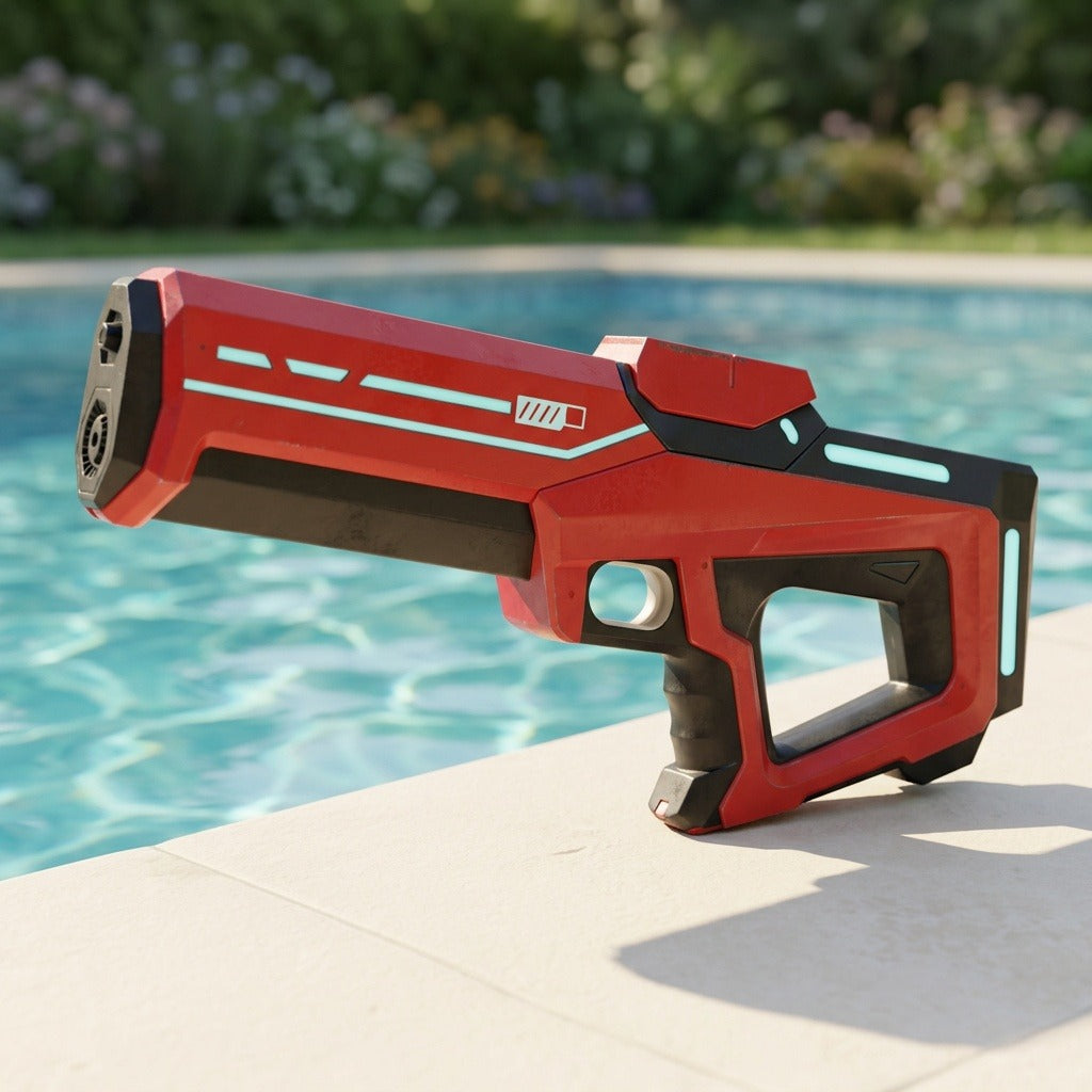 Red and black water gun with pale turquoise accents rests on pale poolside paving beside turquoise water and blurred greenery.
