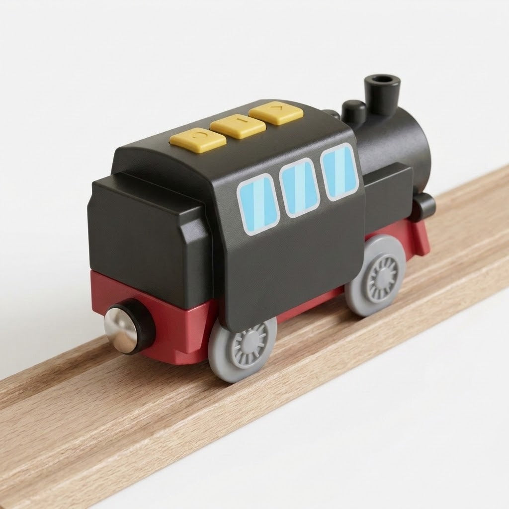 A small wooden toy train locomotive with a black body, red undercarriage, gray wheels, light blue windows, and yellow buttons, shown on a wooden rail against a clean white background.
