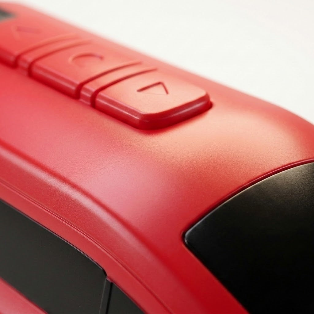 Close-up of a red ABS-plastic toy train with raised roof controls and black windows against a white background.