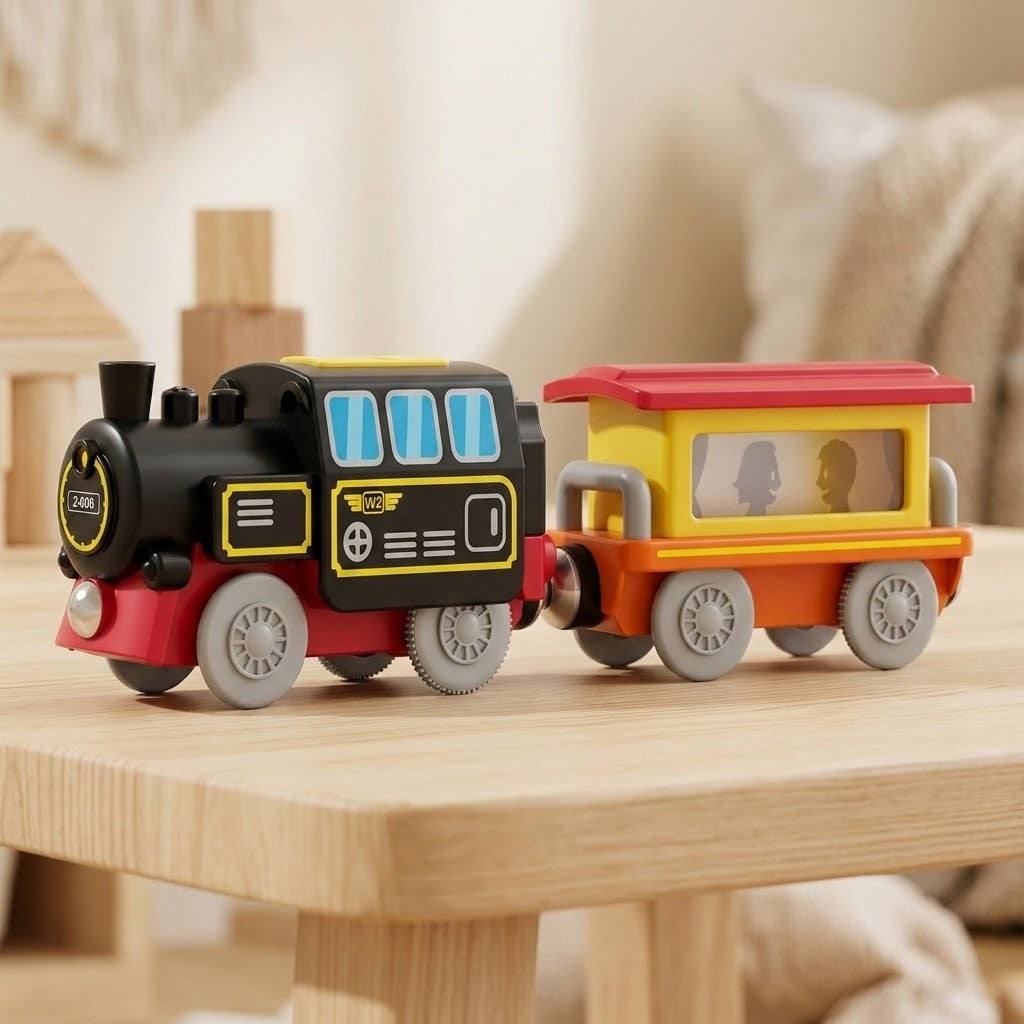 A wooden toy train set with a black locomotive and a yellow, orange, and red passenger car, displayed on a light wooden table in a softly blurred indoor setting.
