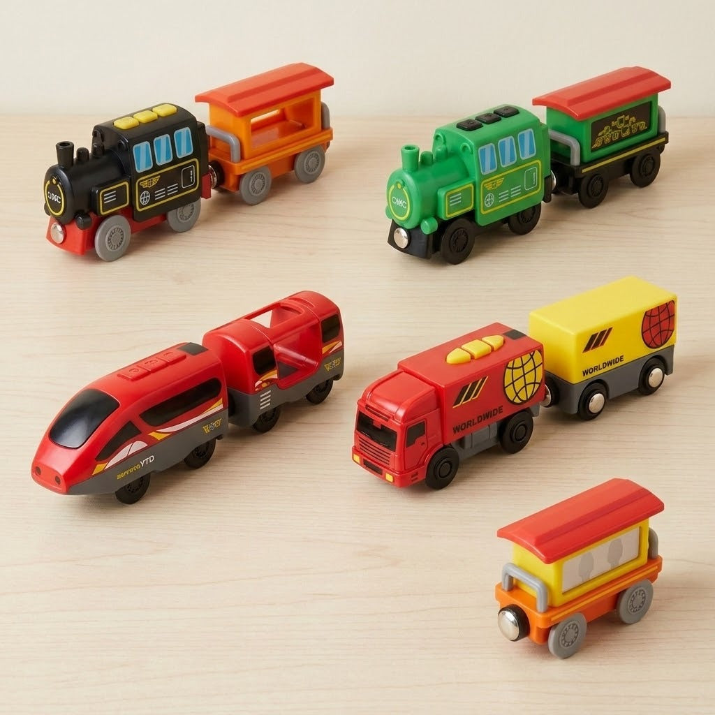 A set of colorful wooden toy trains and passenger cars arranged on a light wood surface. The set includes a black steam locomotive with an orange passenger car, a green steam locomotive with a red passenger car, a red high-speed train, a red cargo truck with a yellow box car, a red fire truck, and a small orange and red passenger car.