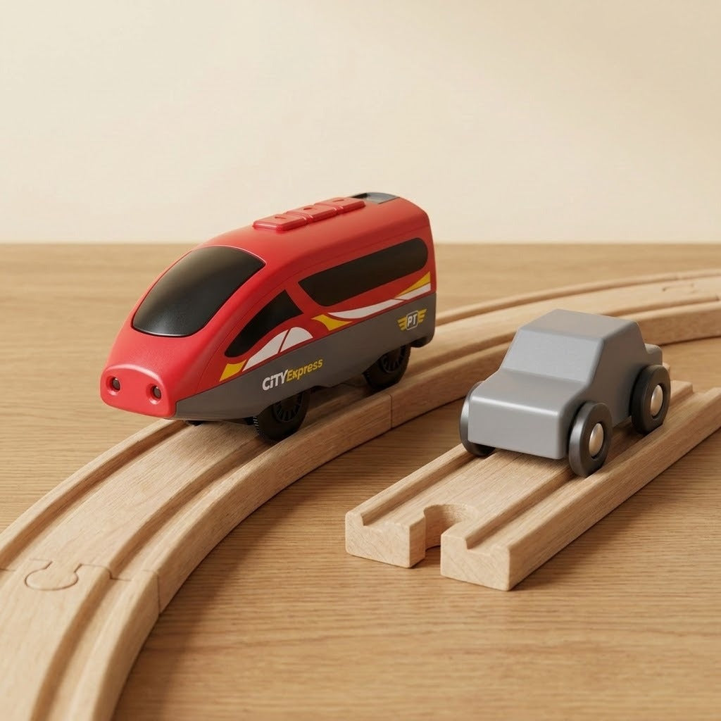 A toy train set on wooden tracks, featuring a red and gray toy high-speed train with yellow accents and a gray toy car, photographed on a light wood tabletop against a warm beige background.