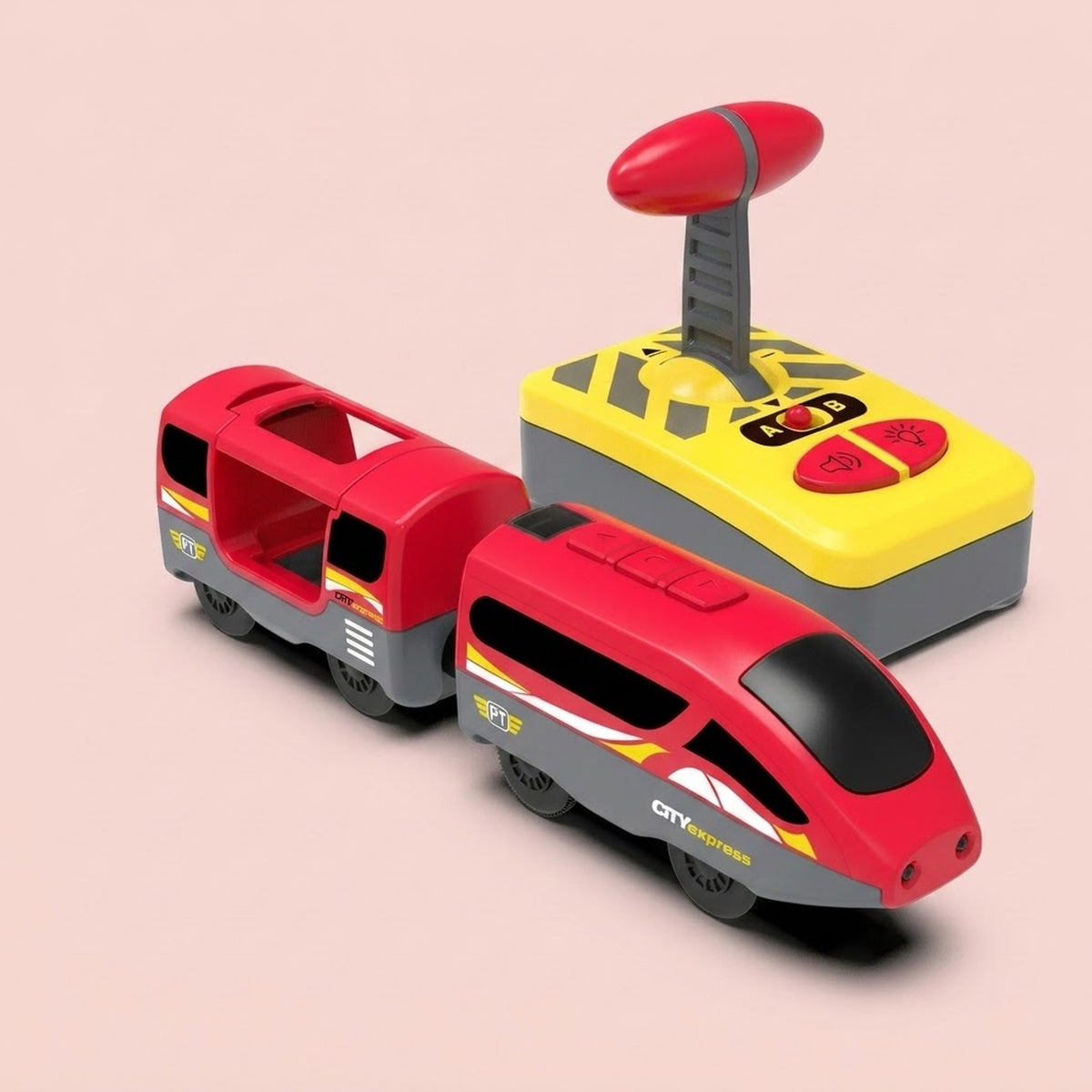 A children's toy set featuring a red and gray toy train with open side windows, a yellow and gray remote control with a red knob, and small printed graphics including 'CITY trains'. The products are arranged on a solid pale pink background.