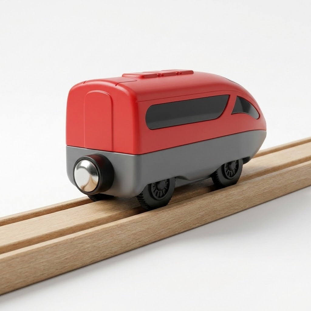 A red and gray toy train car with black wheels, shown on a light wood toy track against a clean white background.