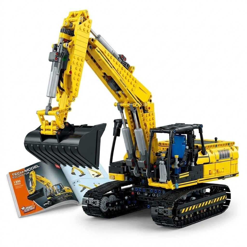 Yellow and black plastic excavator building set shown assembled beside an open instruction manual against a white background.