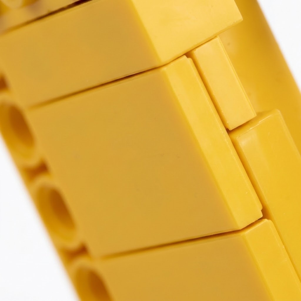Close-up of the excavator building set showing yellow interlocking plastic panels and circular connection holes against a white background.