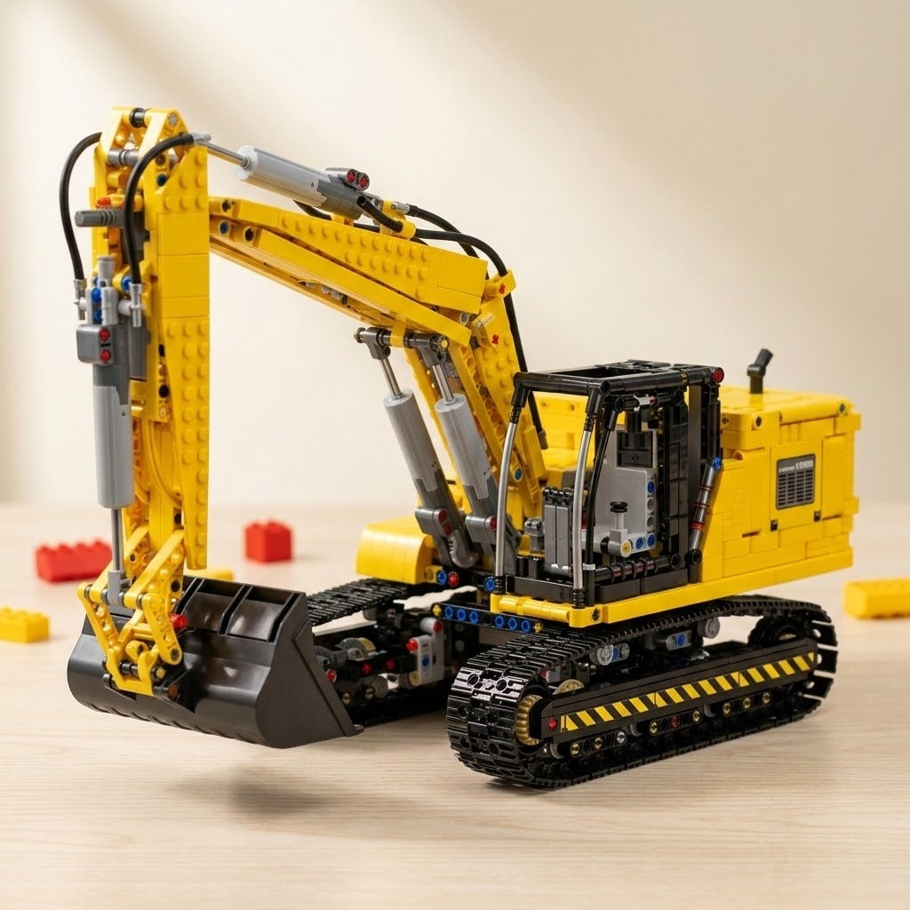 A yellow and black building block excavator toy with a front attachment, photographed on a light wood surface against a soft beige background.