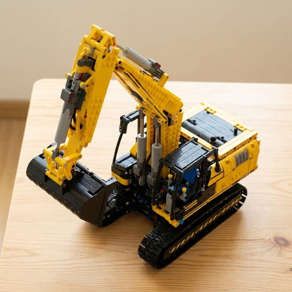 A yellow and black building block excavator toy constructed from LEGO-style bricks, photographed on a light wood tabletop against a soft beige background.