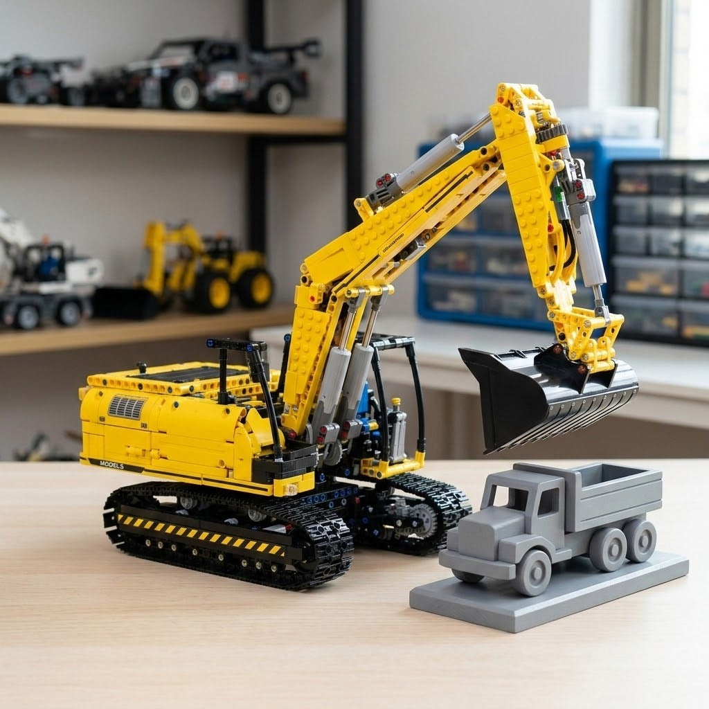 A yellow and black building-block excavator toy is displayed on a light wood table, lifting a gray toy dump truck with its bucket. The scene is set in a room with shelves of other toy vehicles in the background.
