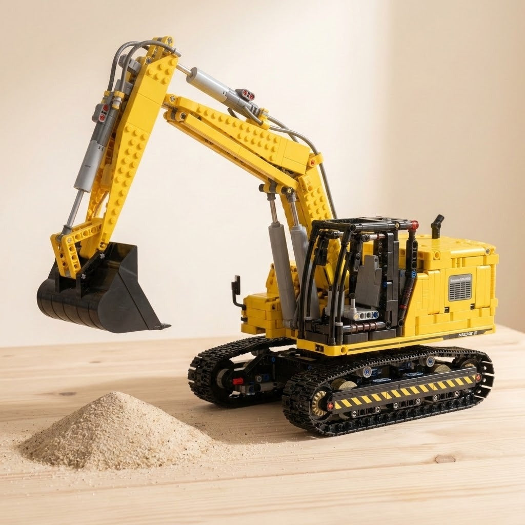 Yellow and black plastic excavator building set assembled with its bucket raised beside a small sand pile on a wooden tabletop.