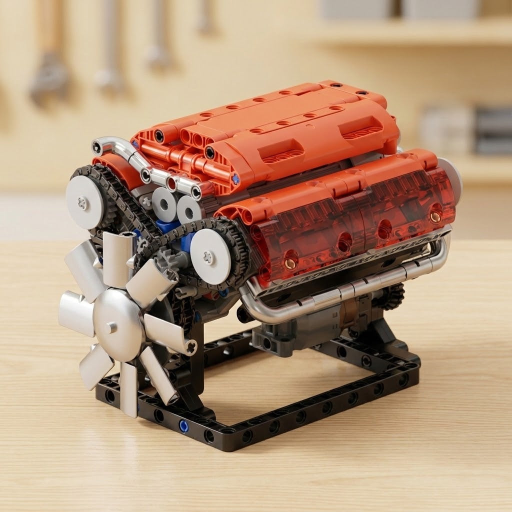 Red plastic V8 engine model kit assembled on a black stand with a silver front fan, on a light wooden tabletop.