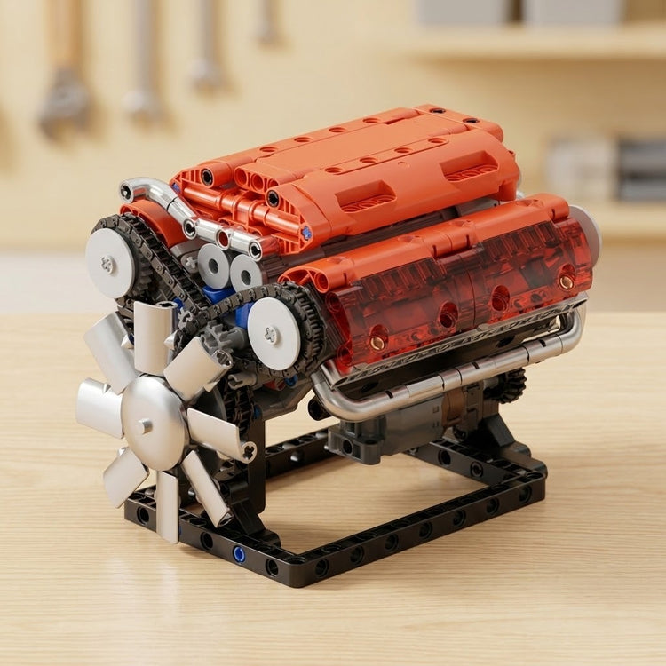 Red plastic V8 engine model kit assembled on a black stand with a silver front fan, on a light wooden tabletop.