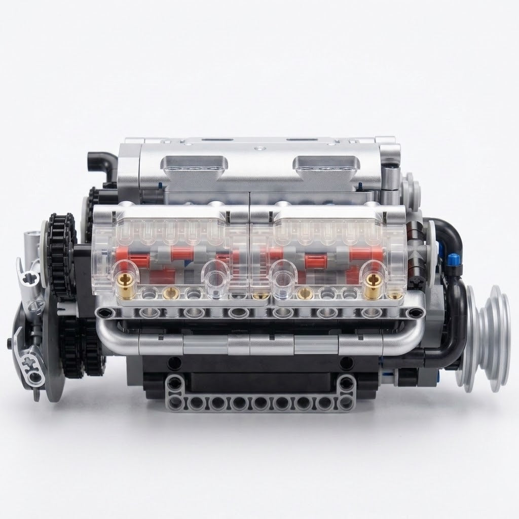 Silver plastic V8 engine model kit shown assembled from the side, with transparent panels revealing red components against a white background.