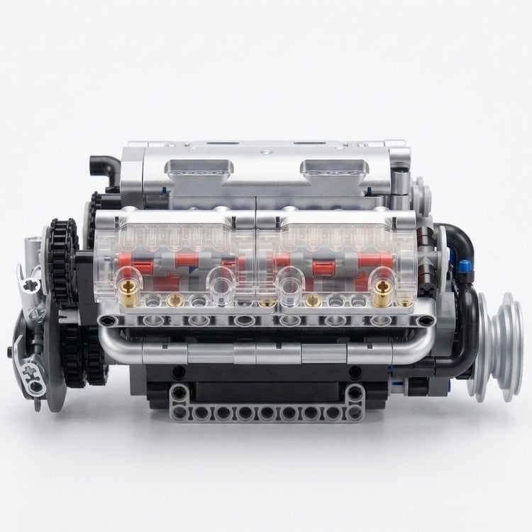 Silver plastic V8 engine model kit shown assembled from the side, with transparent panels revealing red components against a white background.