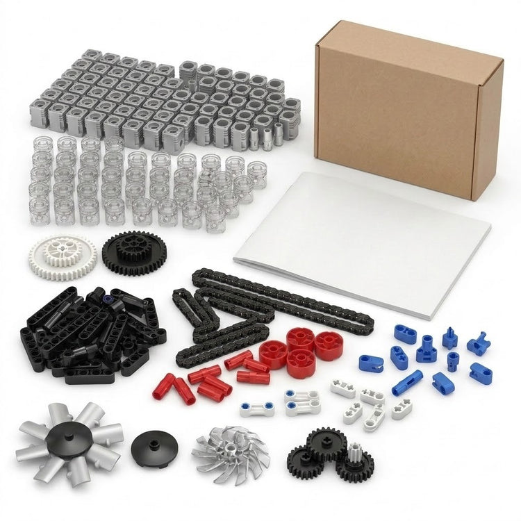 V8 engine model kit with unassembled multicolored plastic connectors, gears and fan pieces arranged beside a booklet and cardboard box.