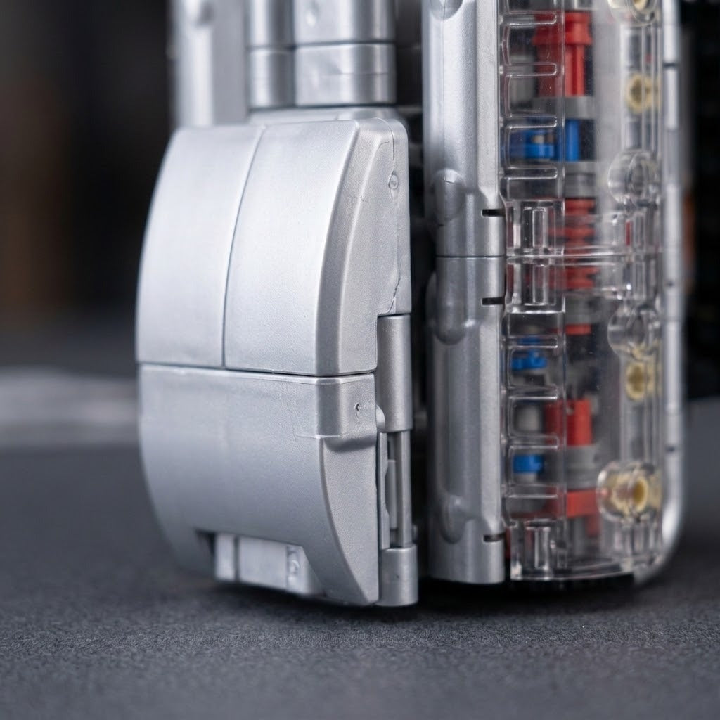 V8 engine model kit close-up showing silver plastic housing and a transparent side panel revealing red and blue components against dark surroundings.