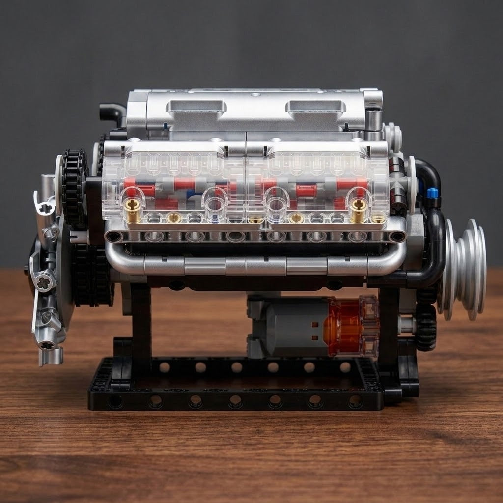 Silver V8 engine model kit assembled with transparent side panels and exposed gears on a black stand against wood and dark gray surroundings.