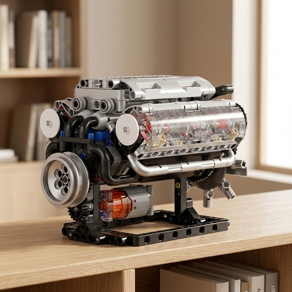 Assembled silver and black plastic V8 engine model kit with clear side panels sits on a wooden shelf beside a window.