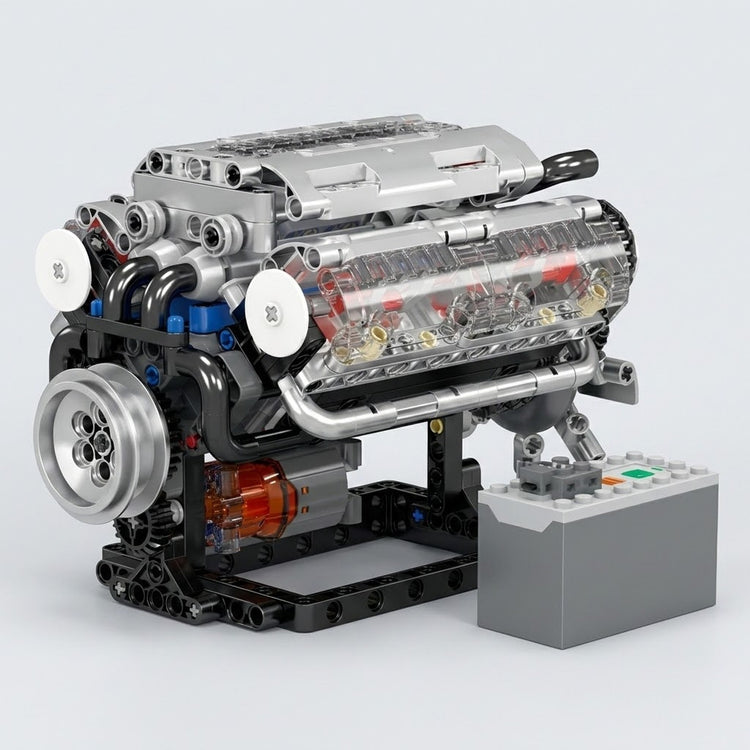 Silver plastic V8 engine model kit with transparent panels stands beside a gray control box against a light gray background.