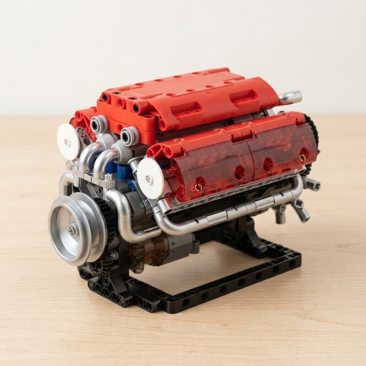 Red plastic V8 engine model kit assembled with silver pipes and a front pulley on a black stand atop pale wood.
