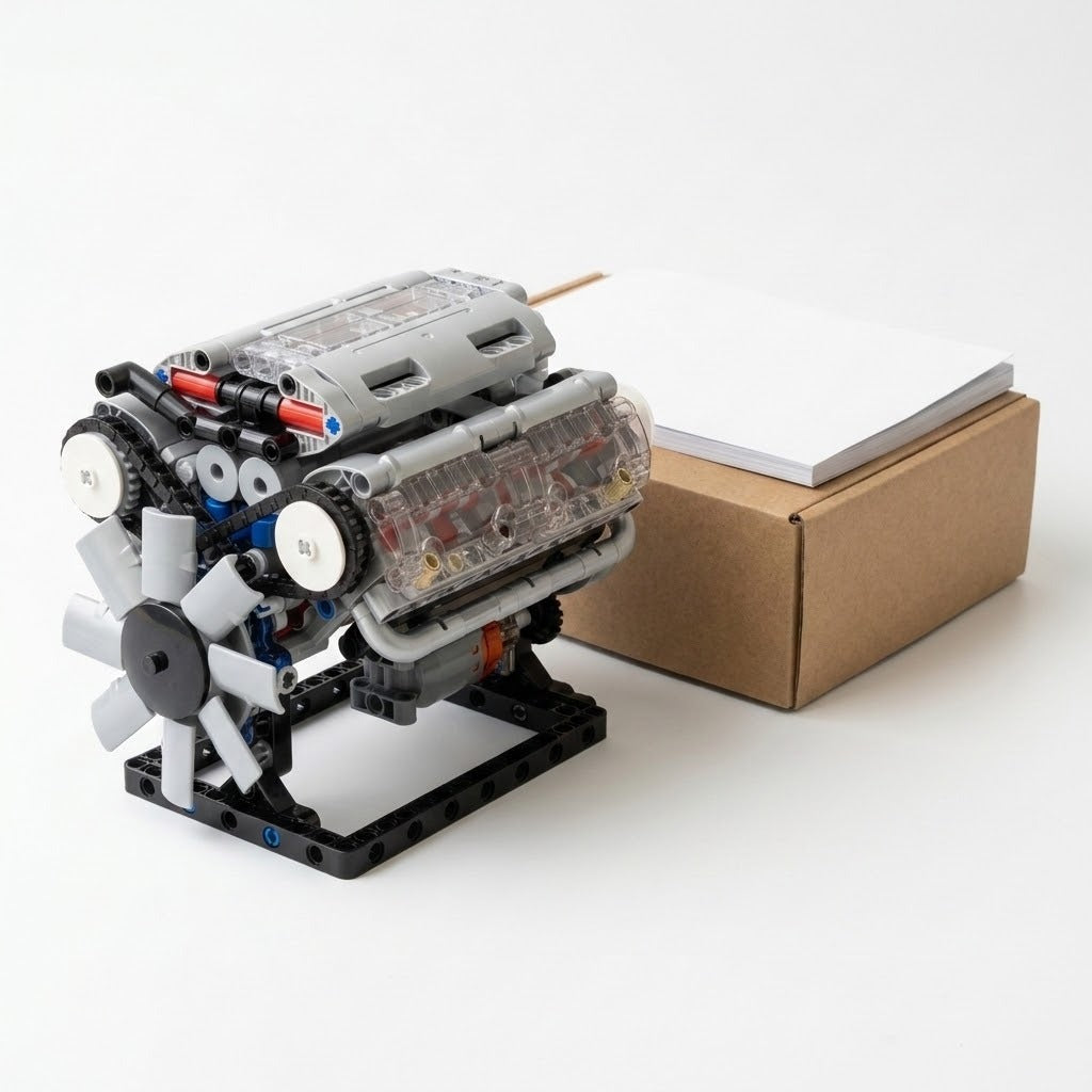 Silver plastic V8 engine model kit with clear panels and a front fan stands beside a cardboard box on a white background.