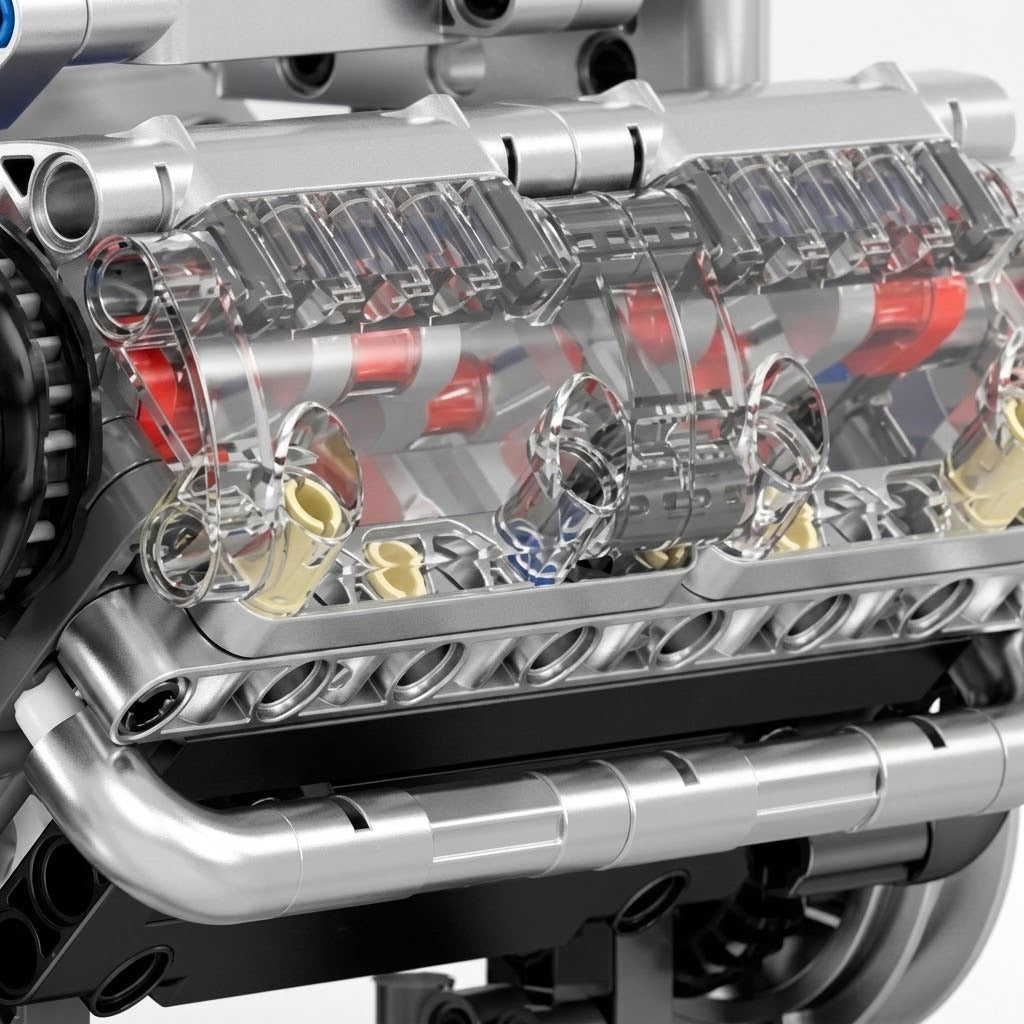 Close-up of the engine model kit shows transparent plastic side panels revealing red and gray internal components above silver-colored pipes.