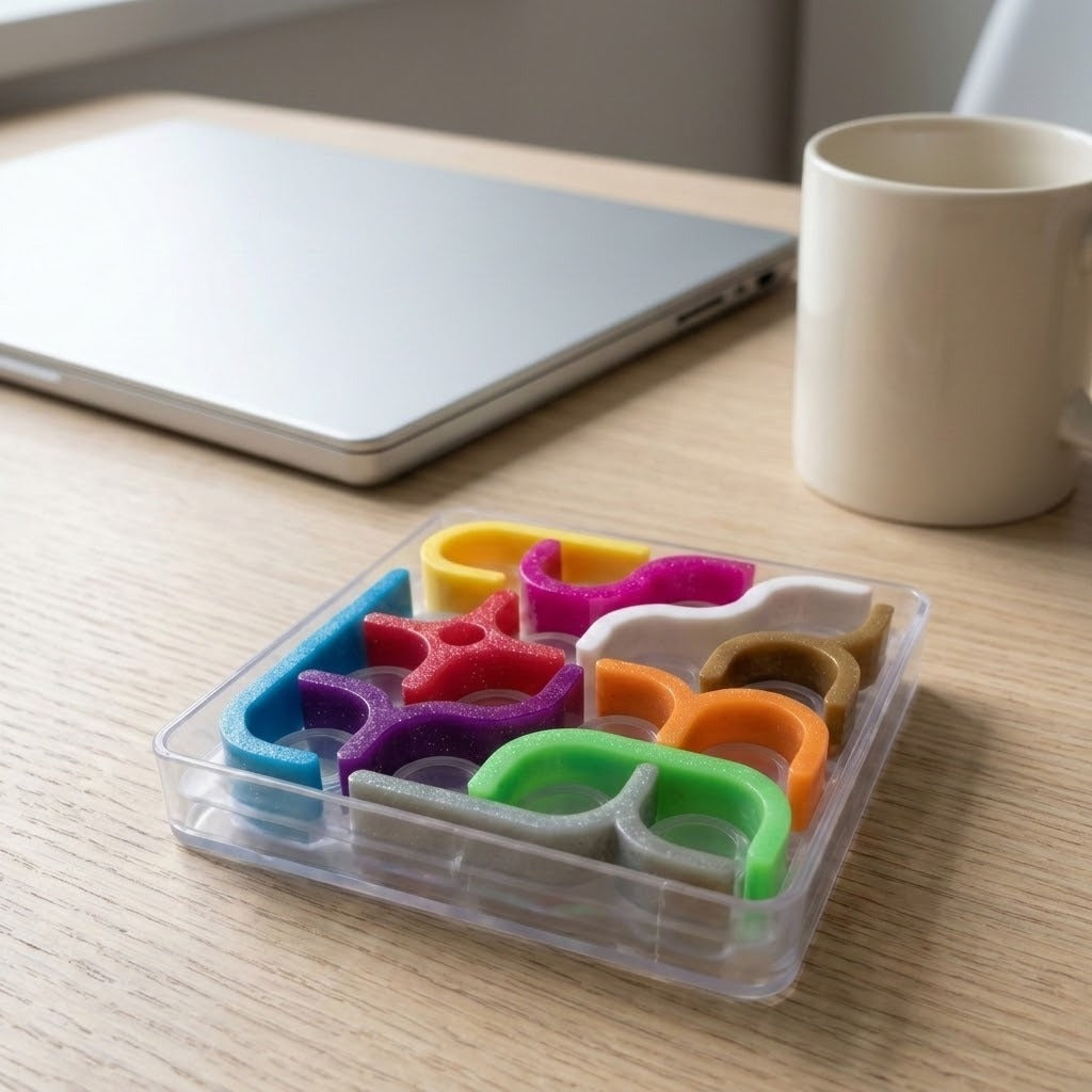 Mechanical puzzle with multicolored plastic pieces in a clear square tray on a wooden desk beside a closed laptop and mug.