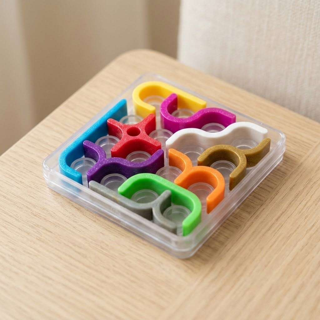 Mechanical puzzle with colorful curved plastic pieces in a clear square tray, viewed at an angle on a light wooden tabletop.