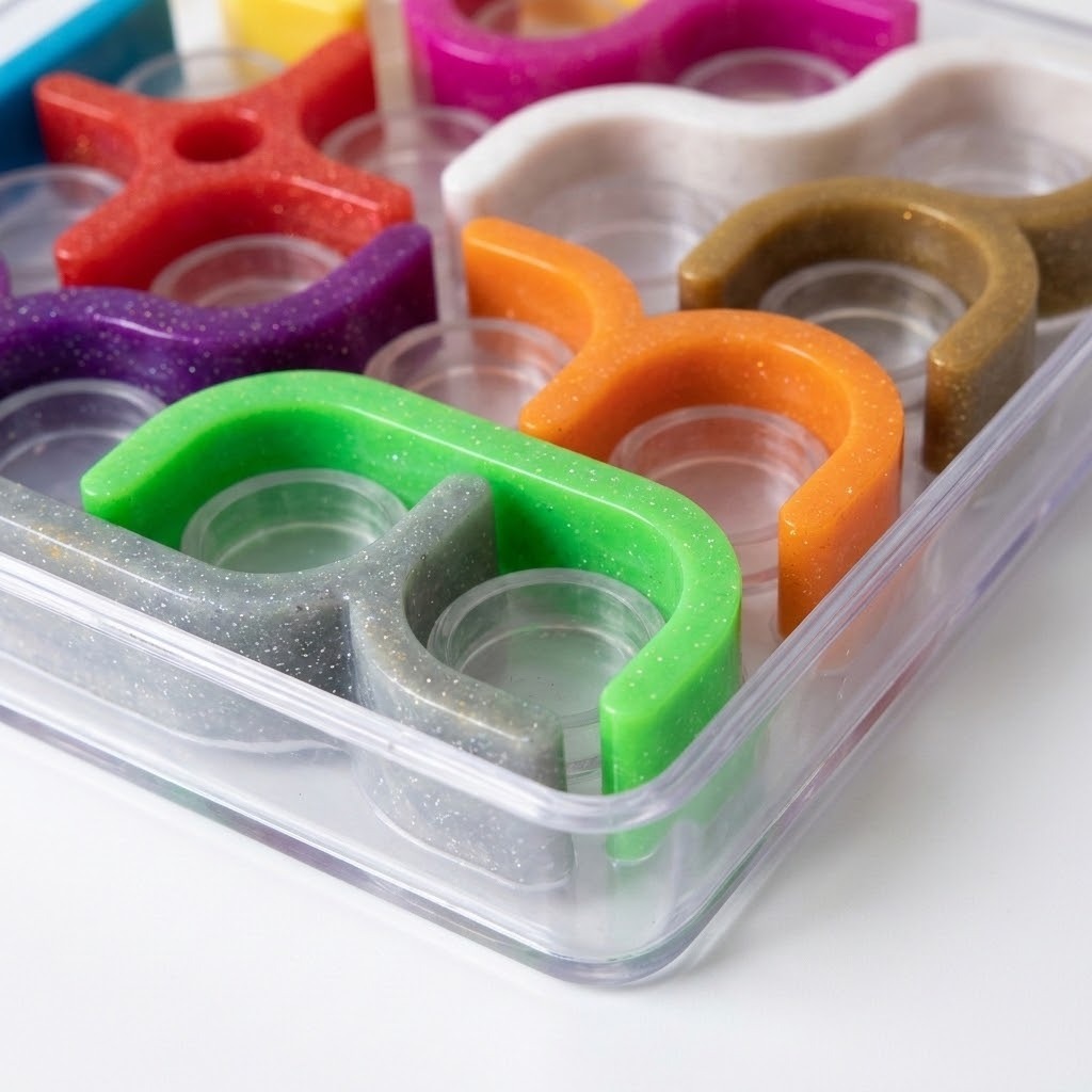 Mechanical puzzle close-up showing colorful curved plastic pieces, glittery surfaces, circular recesses, and the clear tray rim against a white background.