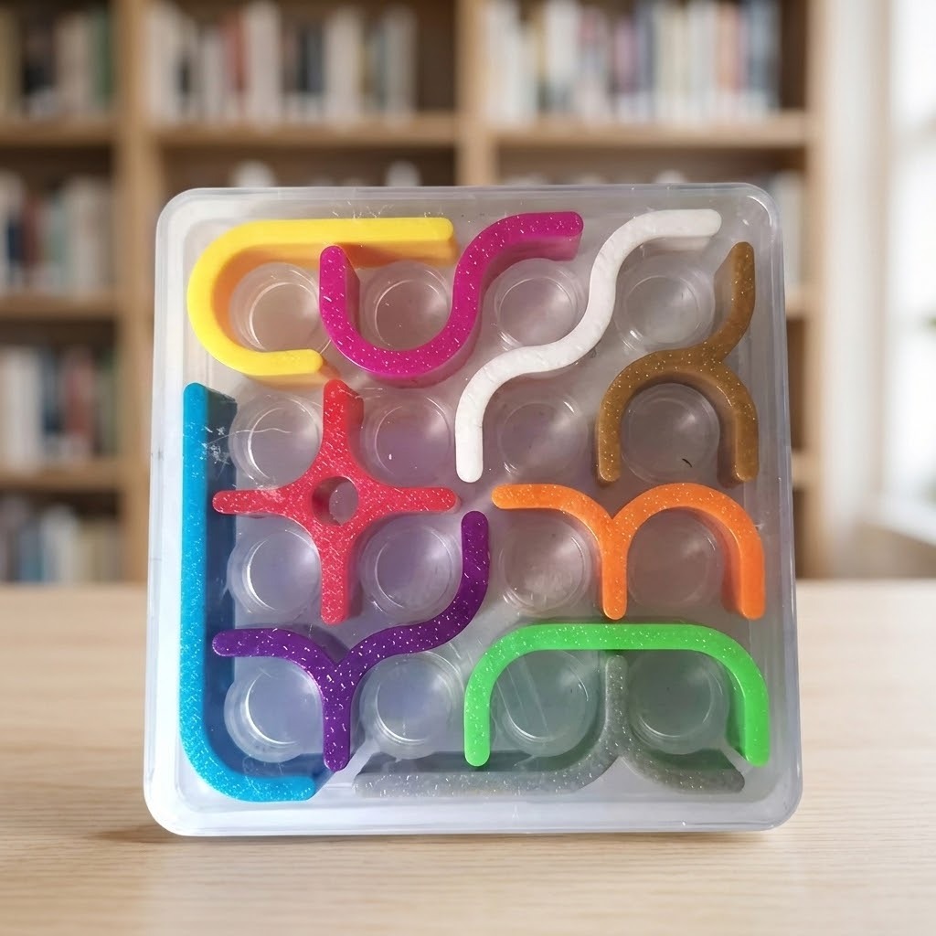 Mechanical puzzle standing upright on a wooden table, with colorful plastic pieces in a clear square tray and blurred bookshelves behind.