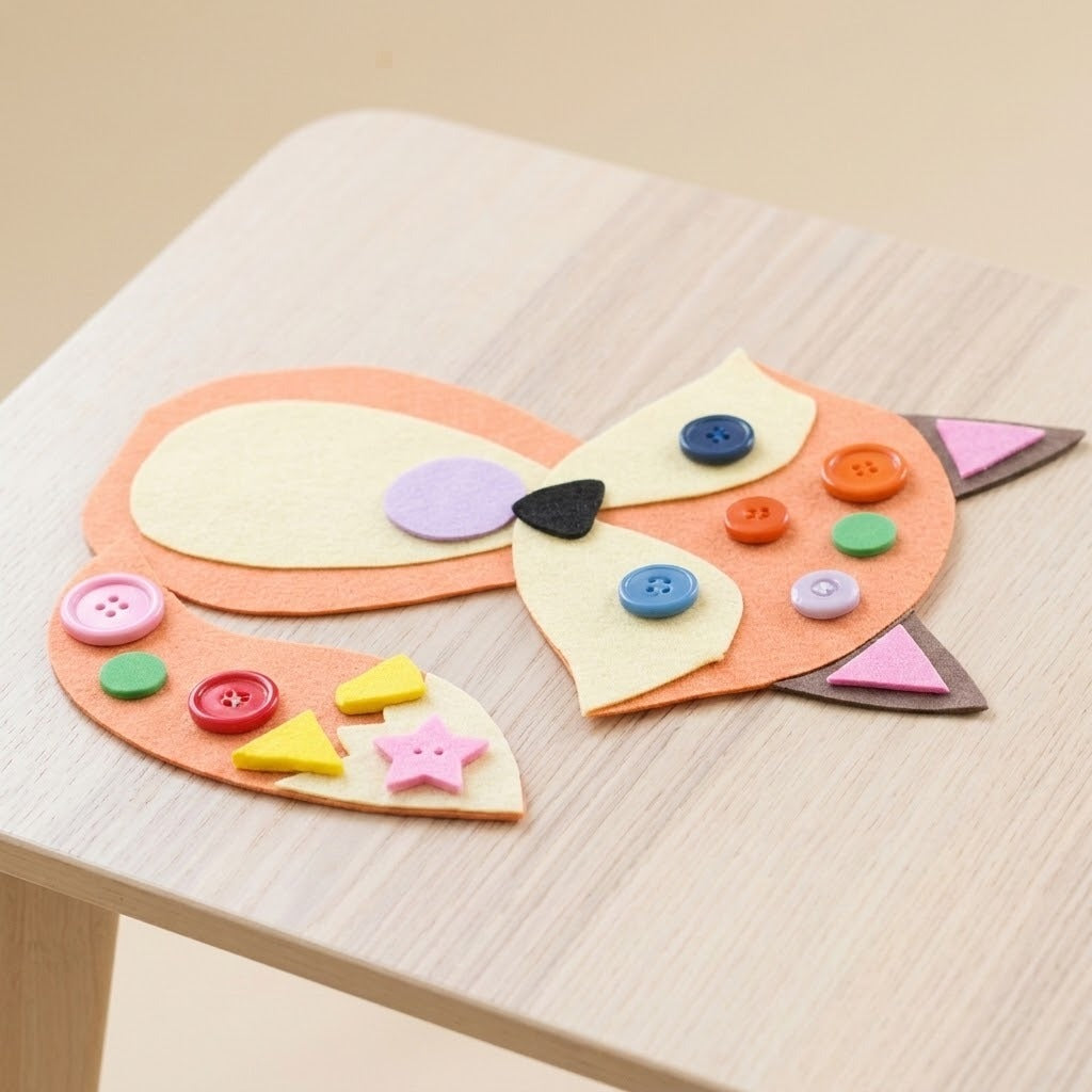 Craft kit project example showing a peach felt fox decorated with colorful buttons and foam shapes on a light wood tabletop.