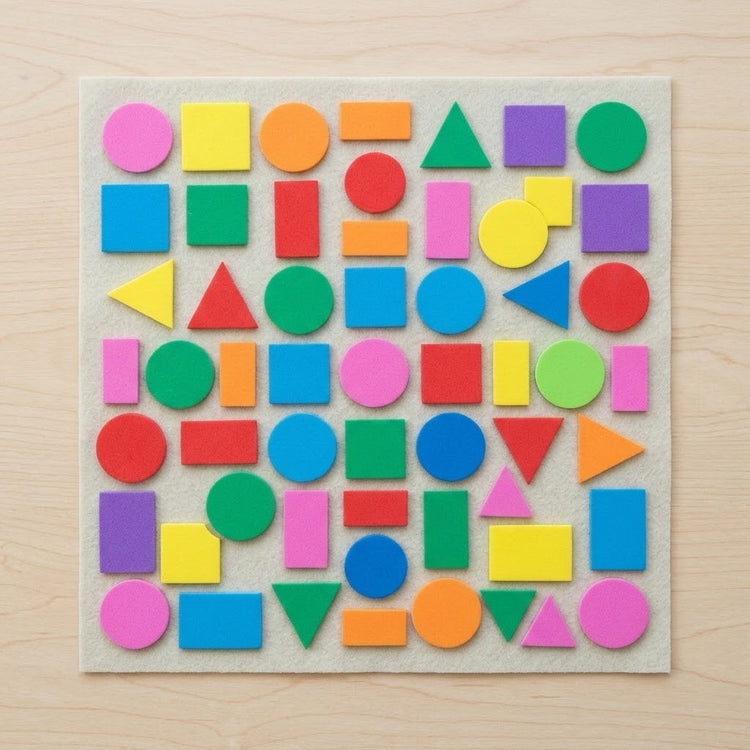 Craft kit project example showing colorful foam circles, squares, triangles and rectangles arranged on pale felt atop a wooden table.